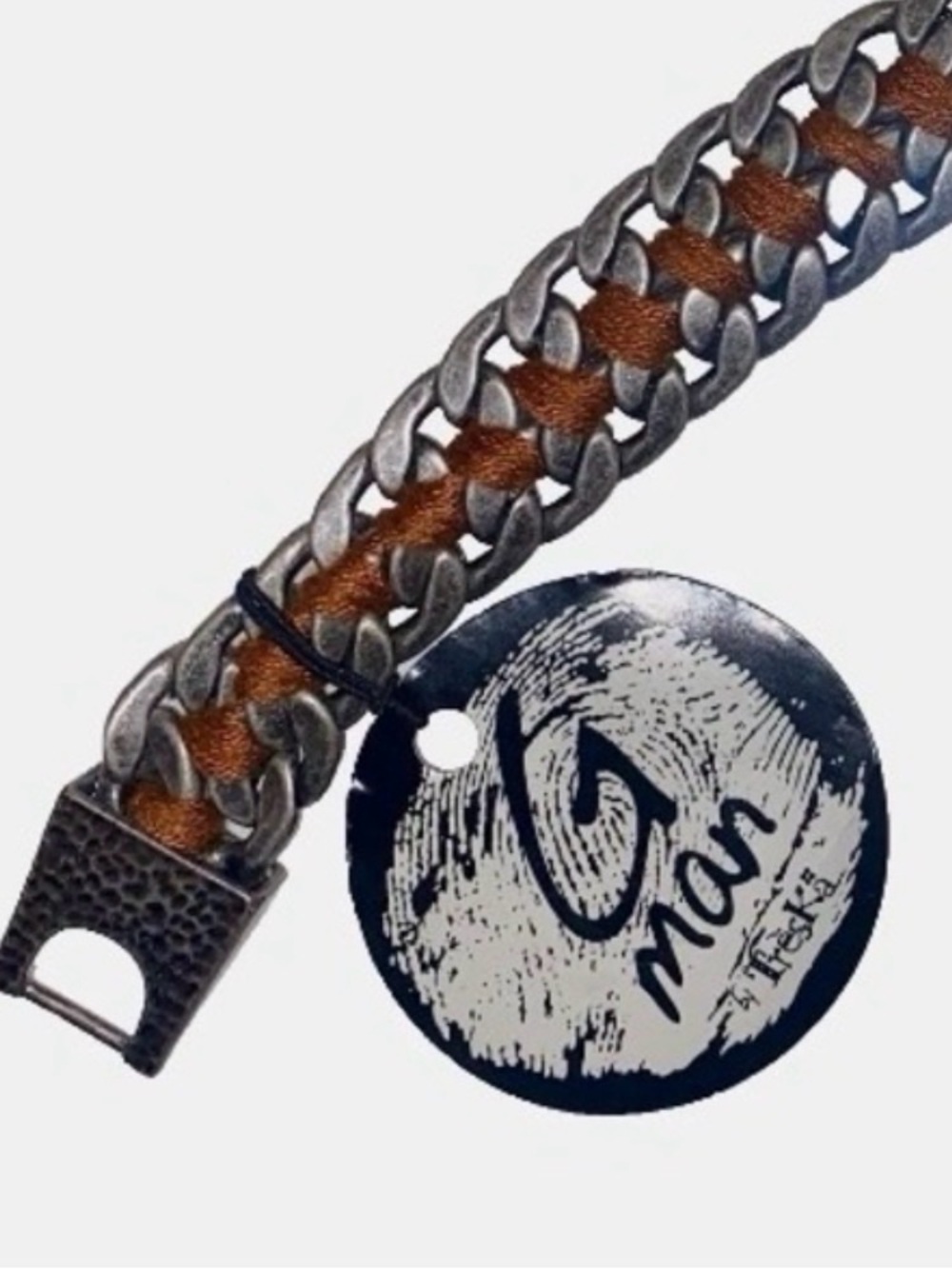 Teska Gman Men's Metal Link Bracelet Interwoven Burnt Orange String